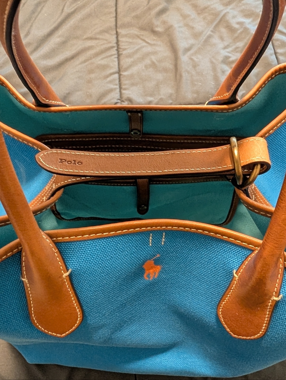 Ralph Lauren Bellport Reversible Turquoise Canvas Tote with Tan Leather Trim - Picture 6 of 6